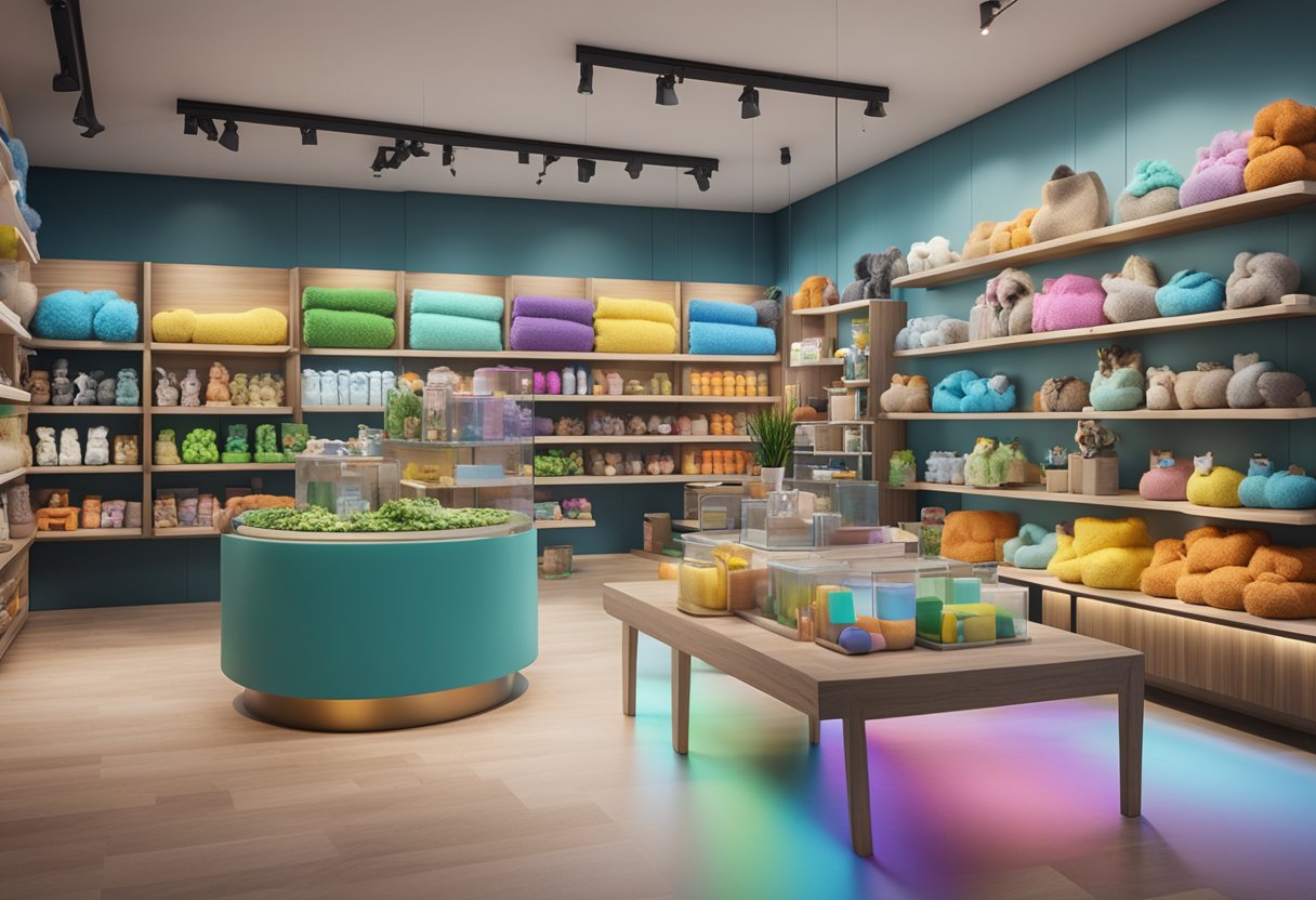 A colorful display of pet products, including high-tech toys, sustainable accessories, and personalized grooming items, arranged on shelves in a modern pet store